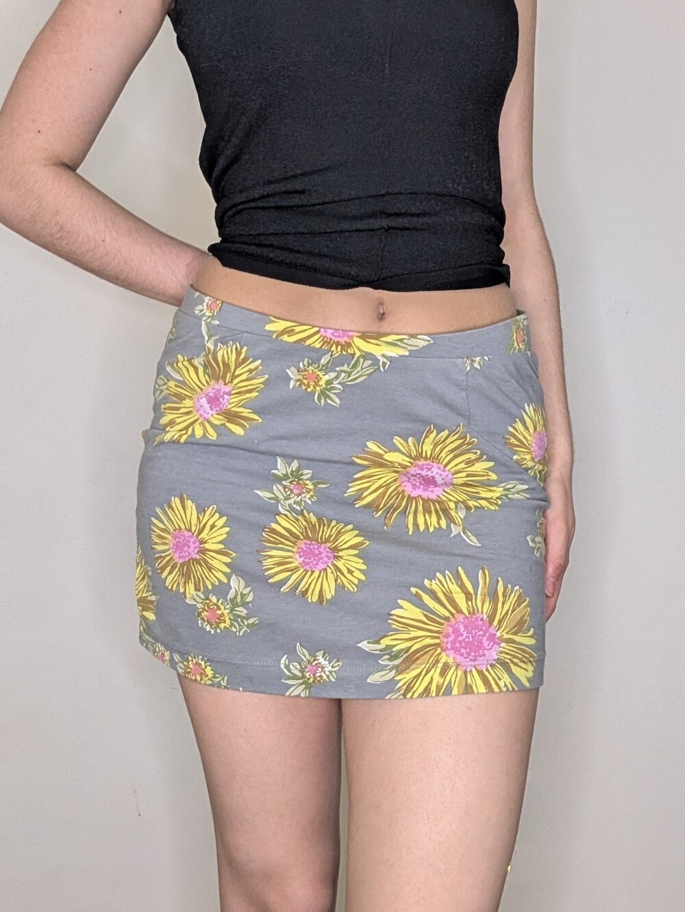 Billabong Gray Mini Skirt with Yellow and Pink Sunflower Print